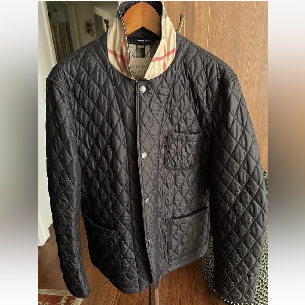 BURBERRY leather trim diamond Quilted Jacket coat navy blazer XL - Picture 1 of 10
